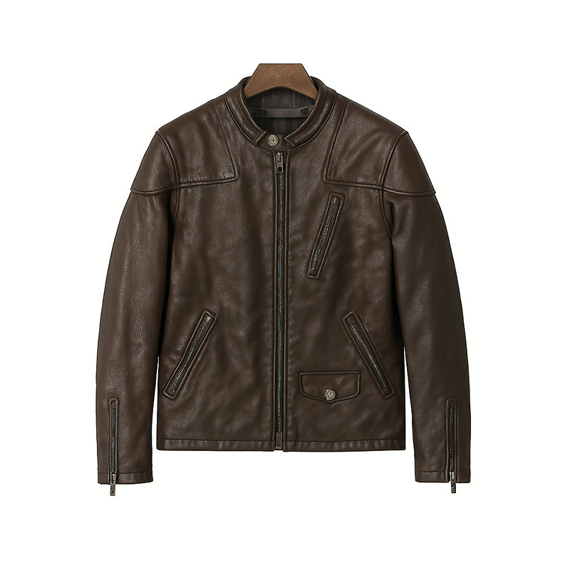 Men’s Zip-Up Vintage Brown Biker Jacket with Stand Collar & Pockets