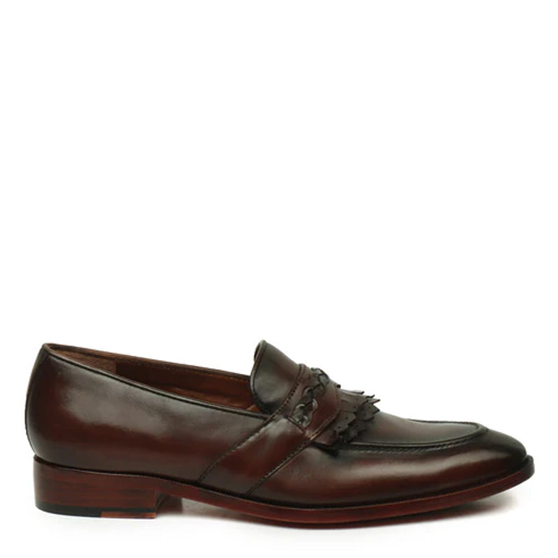 Patent Leather Slip-On Dark Brown Loafer With Dual Fringes