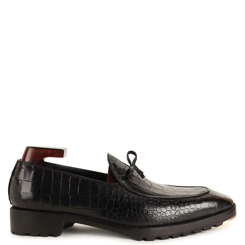 Croco Mirror Glossed Pure Leather Black Loafer