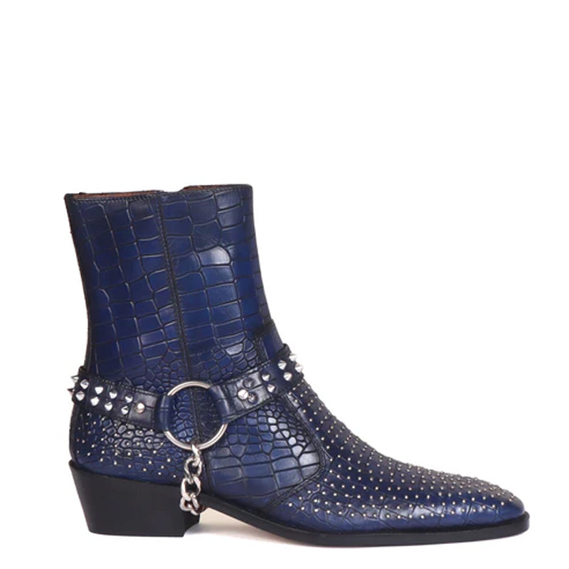 Croco With Silver Studded Buckle Side-Zipper Chain Boots
