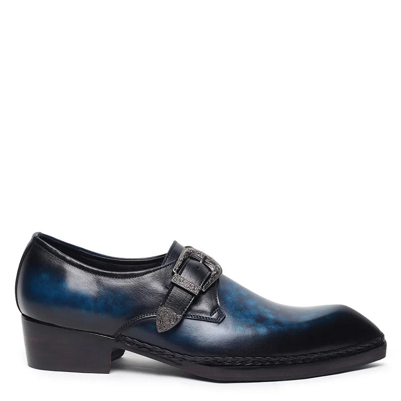 Plain Leather Single Monk Dark Blue Shoe With Side Buckle