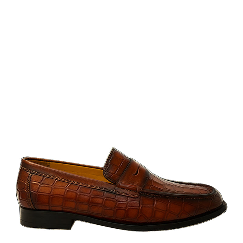 Penny Brown Crocodile-Textured Leather Loafer