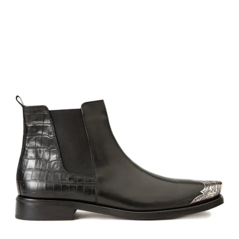 Croco Textured Leather Chelsea Boots with Silver Toe
