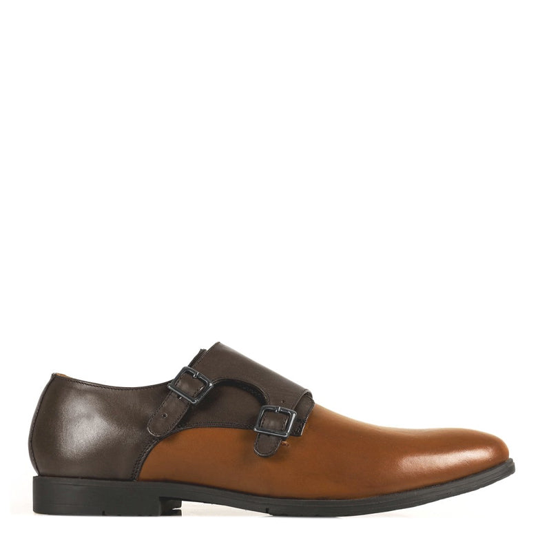 Leather Double Monk Strap Tan and Brown Shoe For Men