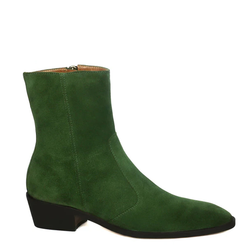 Luxury Cuban Heel High Ankle Green Suede Leather Zipper Boots