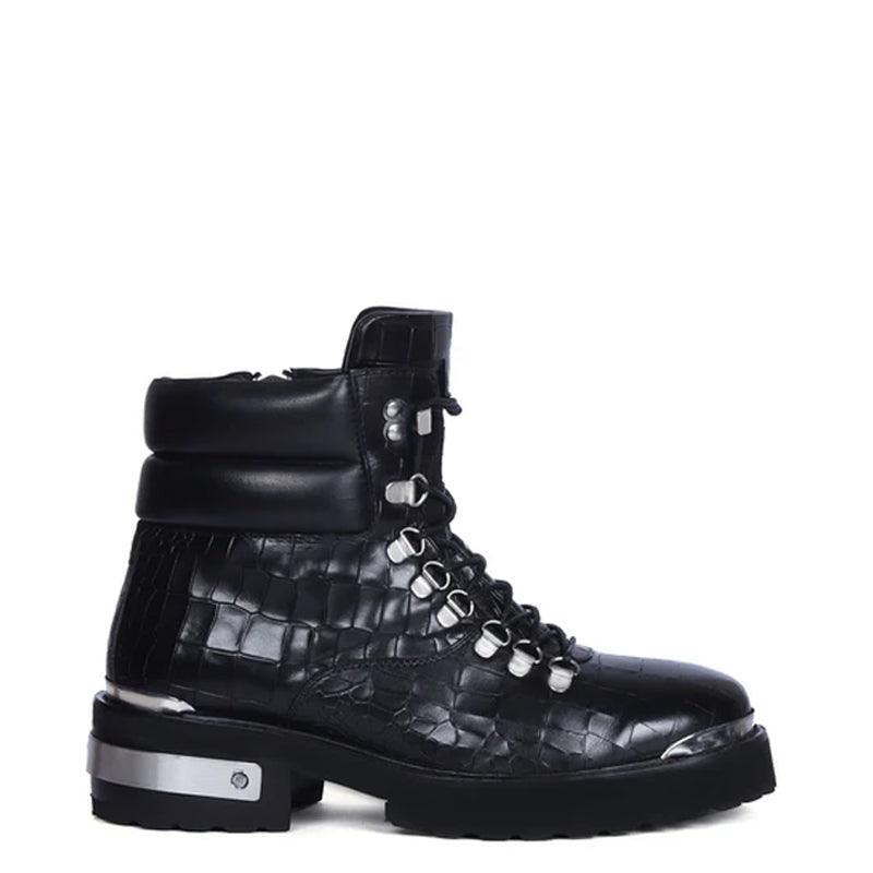 Croco Deep Cut Leather Lace-UP Ankle Boot Black