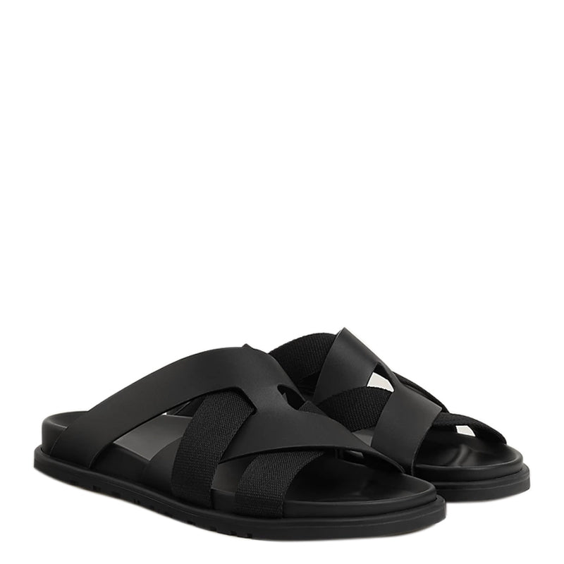 Men Textured Leather Comfort Black/Green Sandal