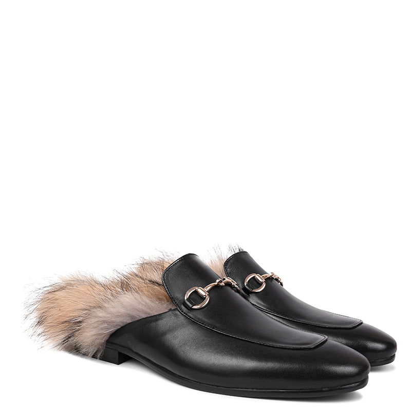 Premium Leather Black Mule With Fur