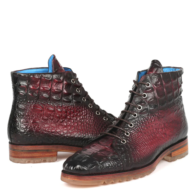 Hand-Painted Croco Print Leather Lace-Up Boot Burgundy