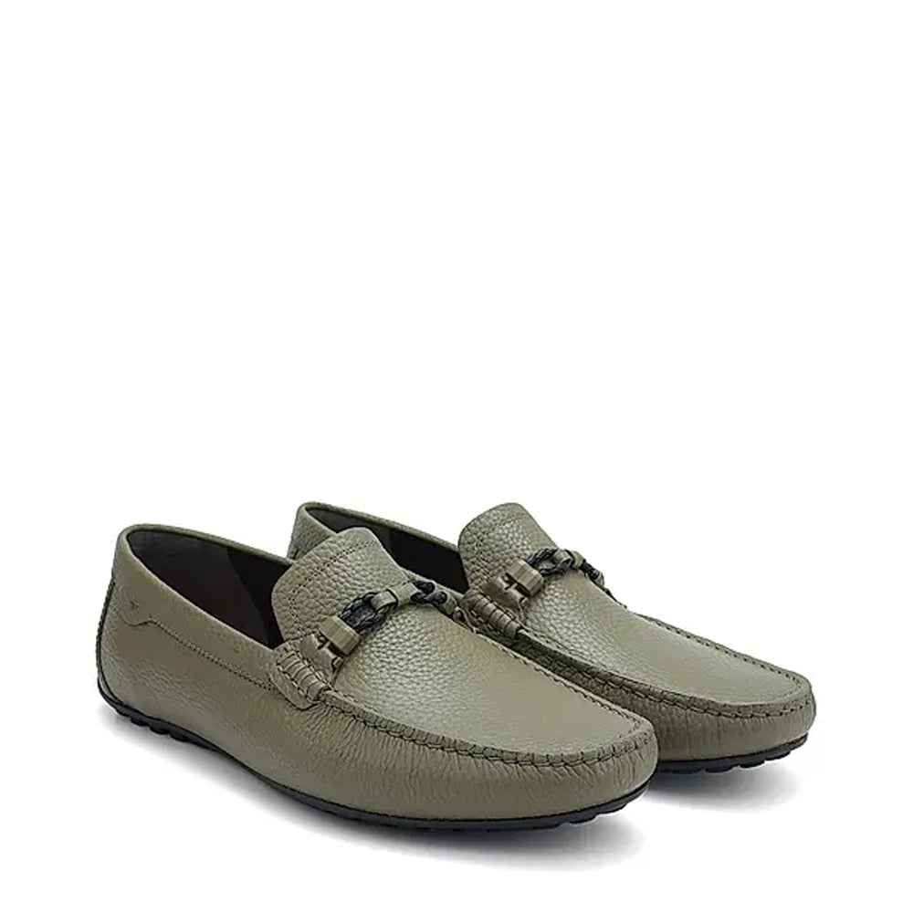 Men Textured Leather Driving Olive Green Loafer