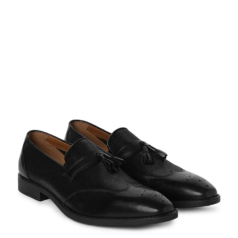 Classic Textured Design Leather Tassel Loafer Black