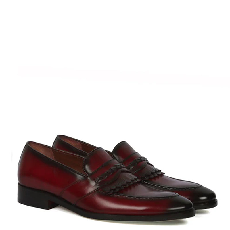 Pure Handmade Solid Leather Burgundy Loafer With Fringe