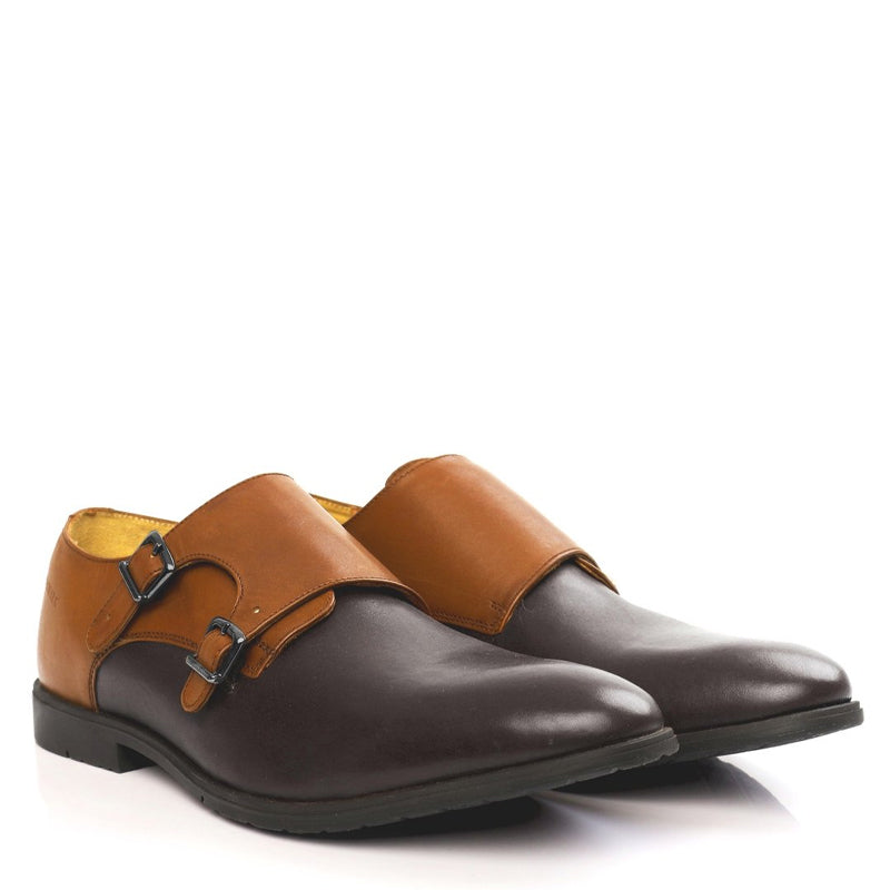 Leather Double Monk Strap Black and Burgundy Shoe For Men