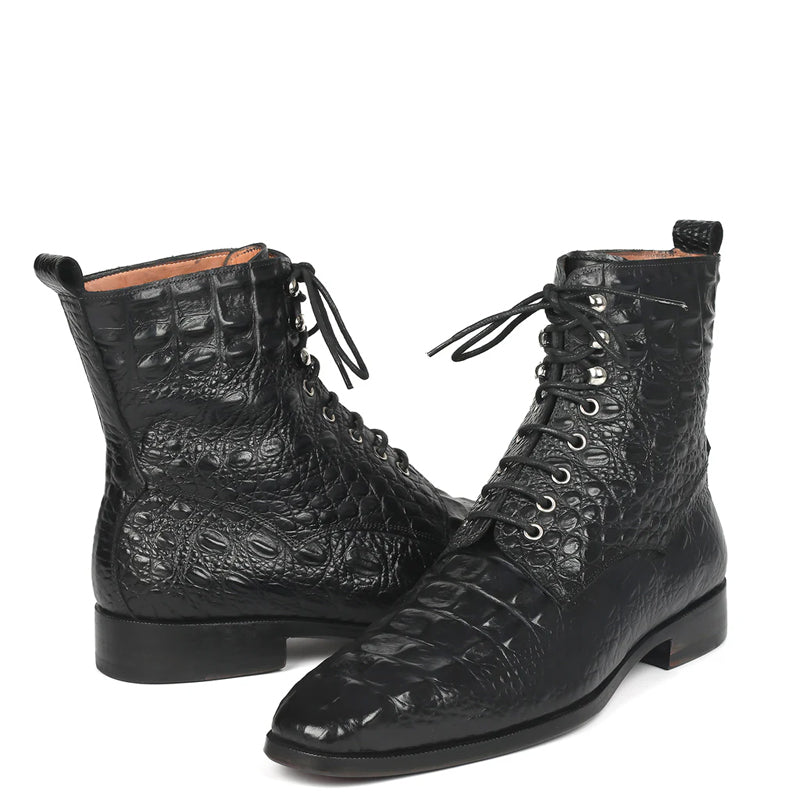 Men Croco Embossed Leather Lace-Up Ankle Boots