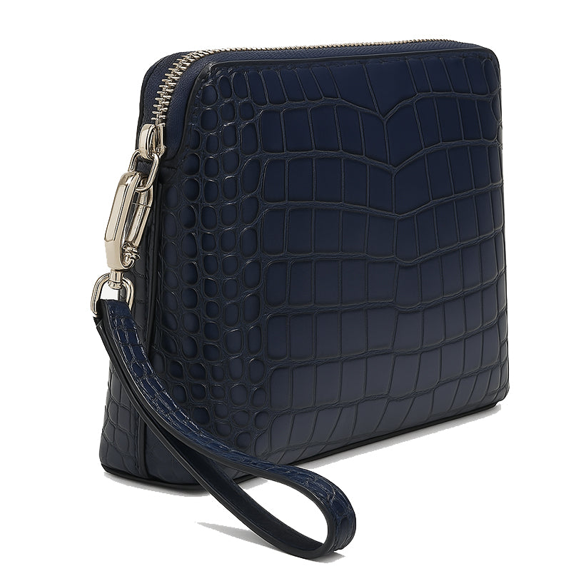Italian Crocodile Leather Blue Zipper Clutch for Men