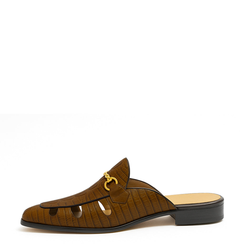 Embellished Textured Leather Mule Olive-Green