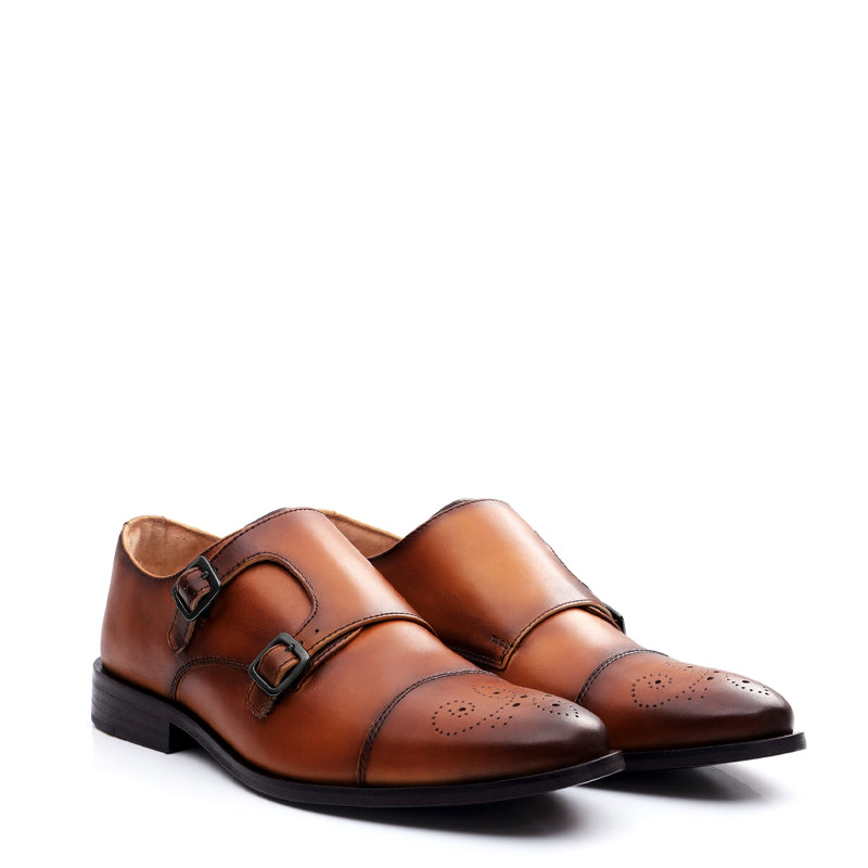 Premium ToeCap Double Monk Strap Tan Leather Shoe