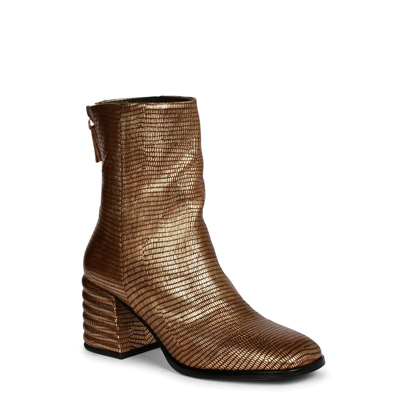 Platin Metallic Lizard Print Leather High Ankle Boot