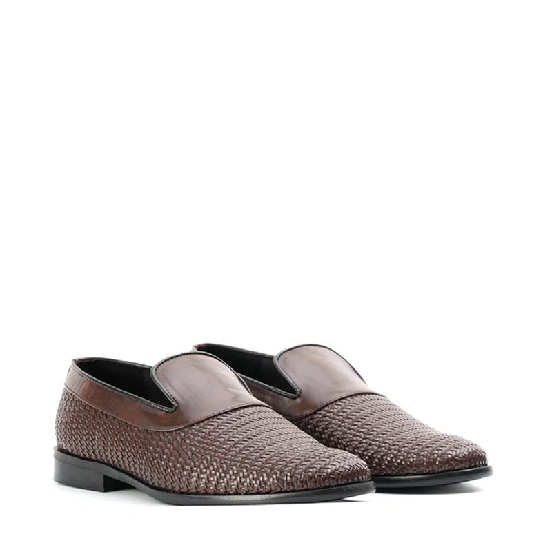 Woven Slip-On Leather Brown Loafer For Men