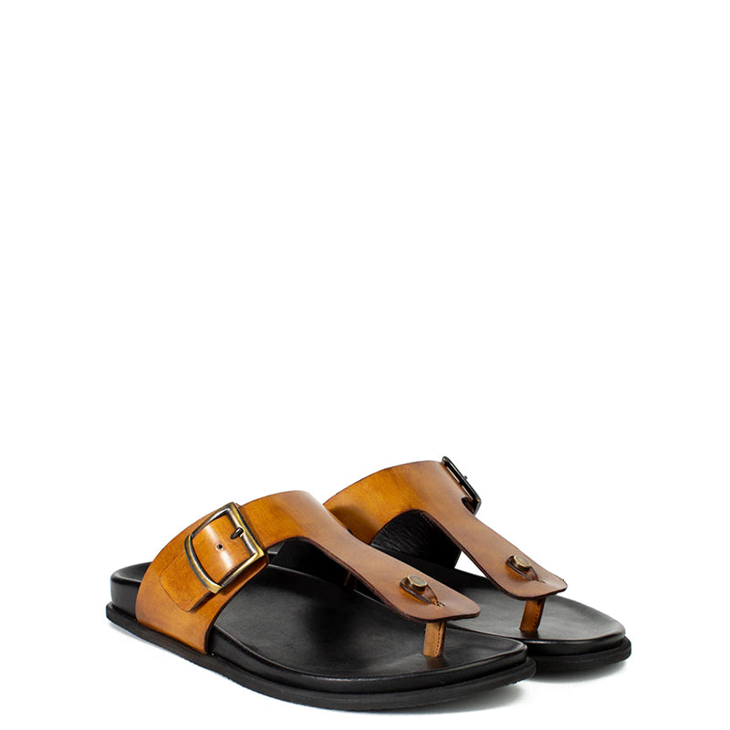 Men Slip-On Leather Brown Buckle Sandal