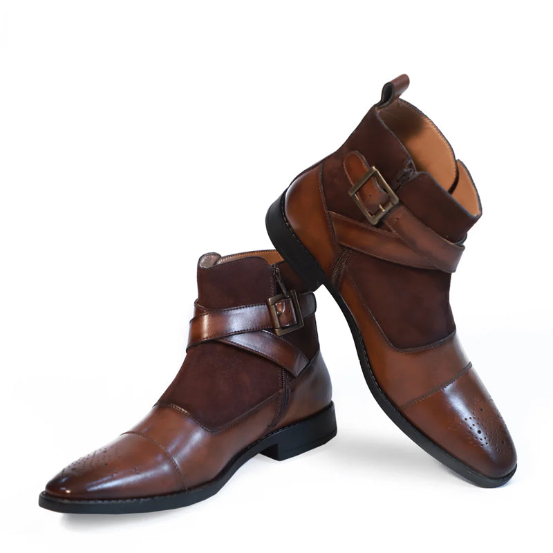 Leather Side Zip-Up Buckled Ankle Black Boot