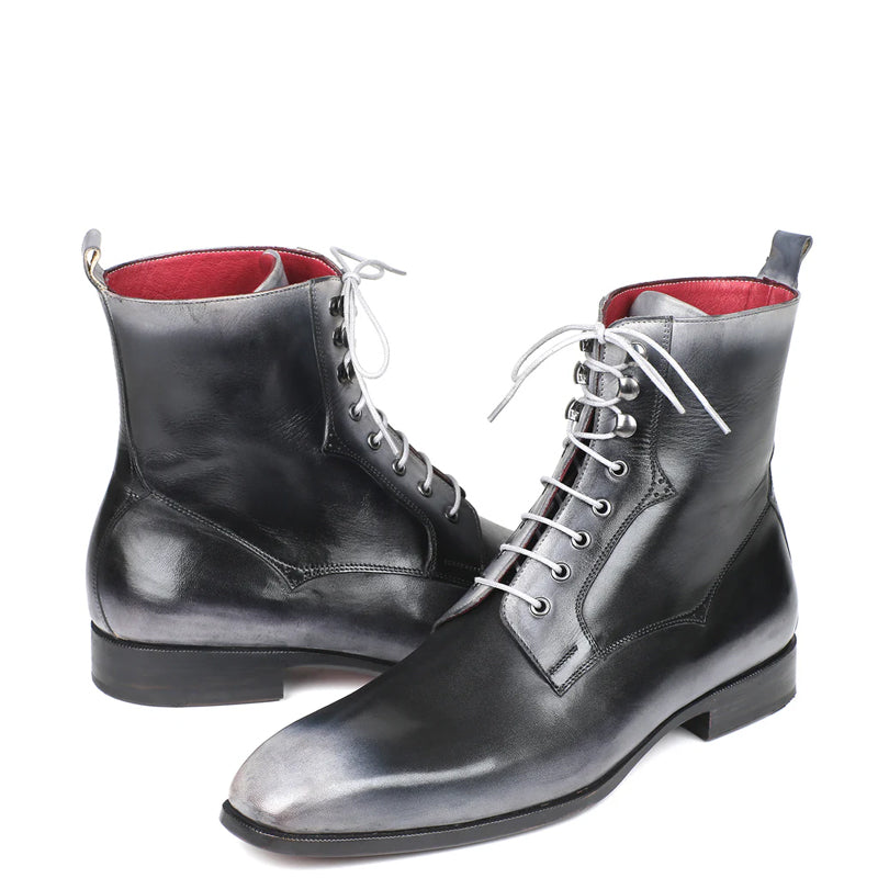 Premium Plain Toe Lace-Up Leather Ankle Boot Grey