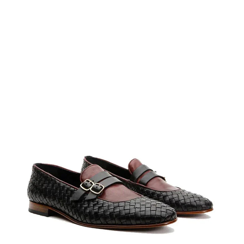 Men Leather Woven Double Monk Strap Brown Shoe