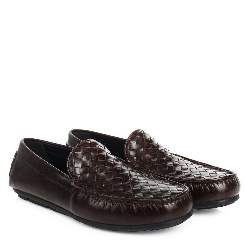 Premium Leather Weaved Textured Driving Burgundy Loafer