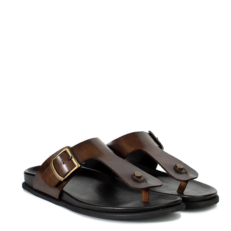 Men Slip-On Leather Tan Buckle Sandal