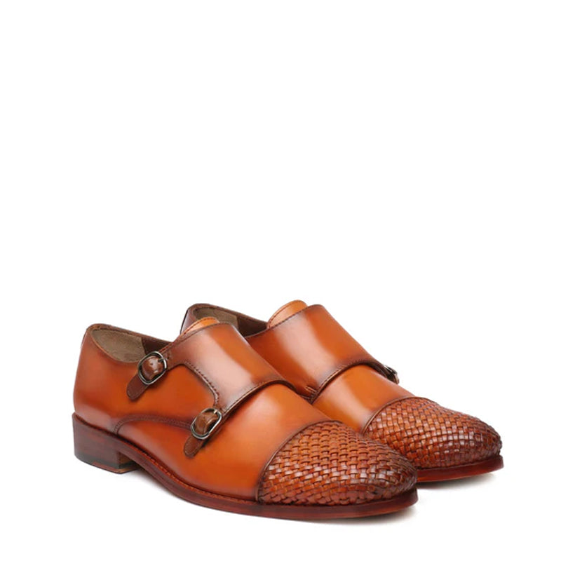 Double Monk Woven Leather Cap-Toe Brown Shoe