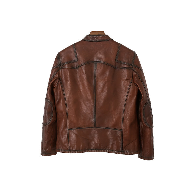 Men’s Zip-Up Vintage Black Biker Jacket with Stand Collar & Pockets