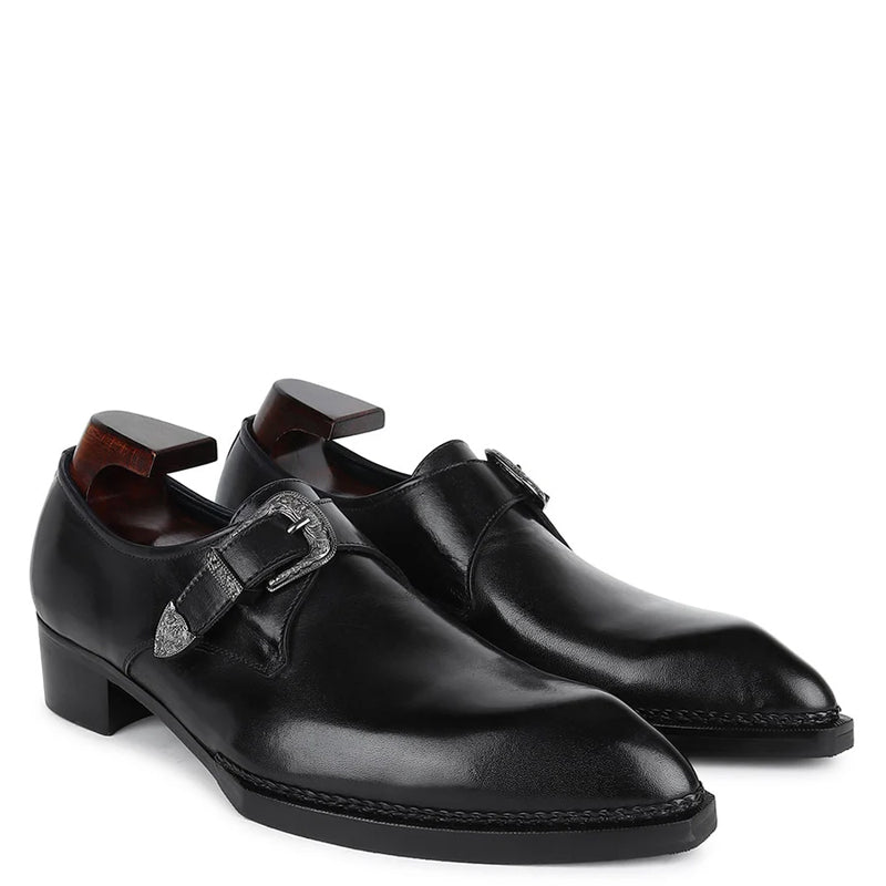 Plain Leather Single Monk Black Shoe With Side Buckle