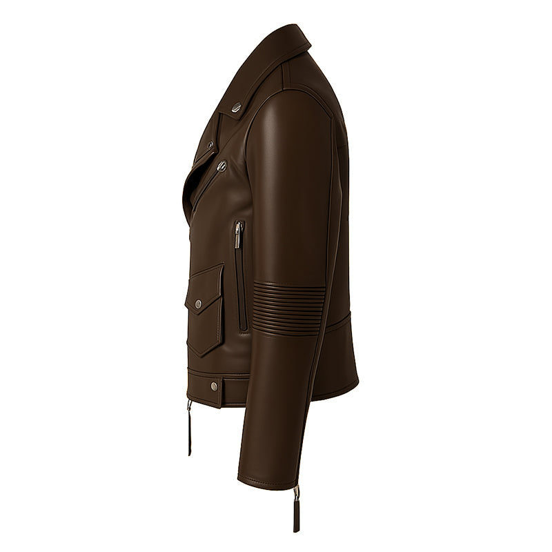 Men's Brown Leather Biker Jacket with Zippers