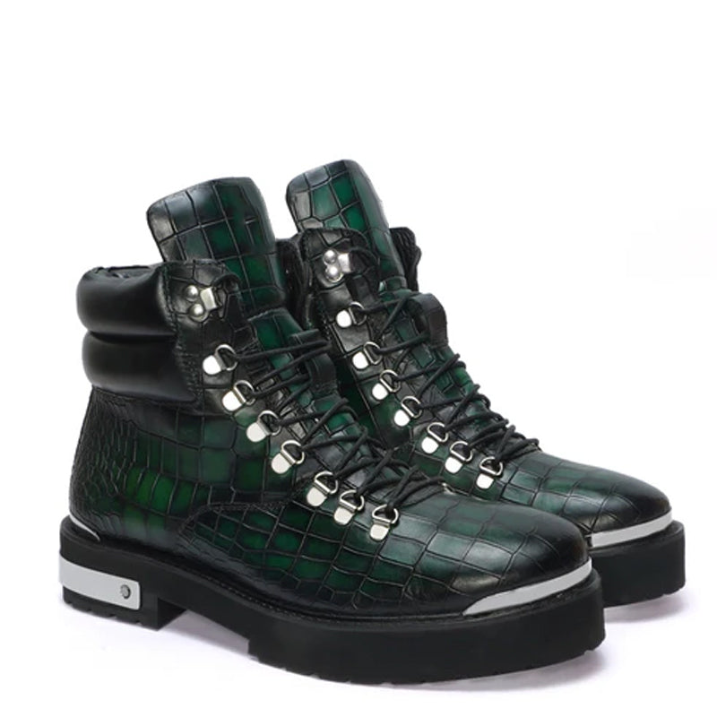 Croco Deep Cut Leather Lace-UP Ankle Boot Burgundy