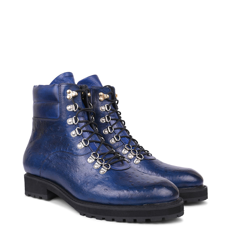 Men Solid Leather Side-Zip Biker Ankle Blue Boot