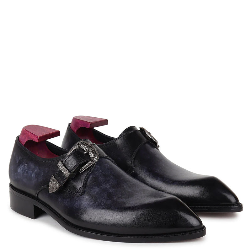 Plain Leather Single Monk Blue Shoe With Side Buckle