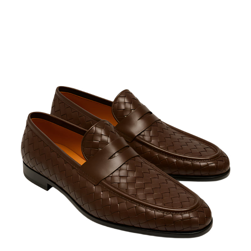 Brown Woven Leather Texture Loafer for Men