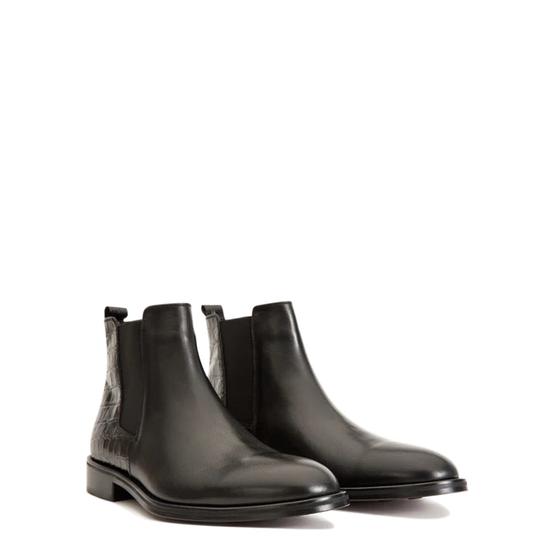 Black Alligator Textured Leather Boots