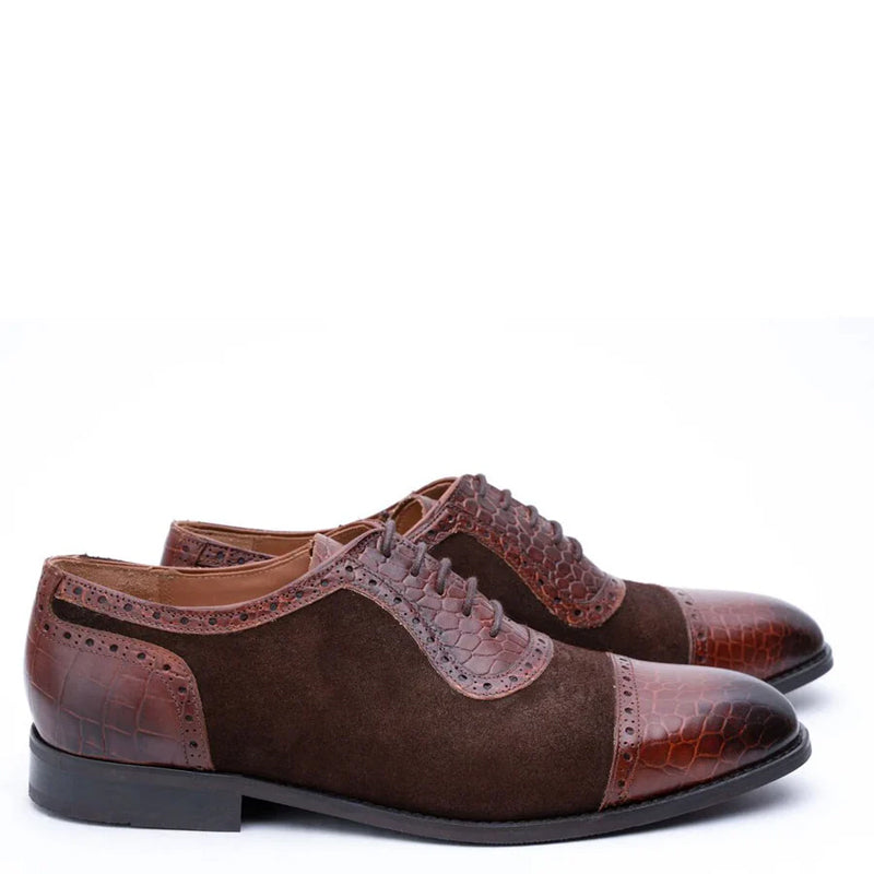 Suede Croco Textured Leather Oxford Shoe Tan/Brown