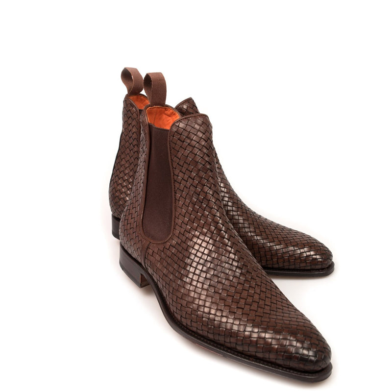 Men Handmade Woven Leather Stylish Chelsea Brown Boot