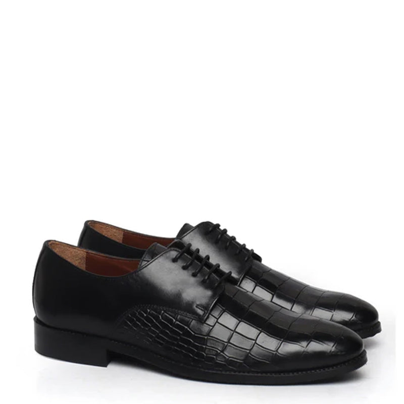Croco Print Lace-Up Leather Derby Shoe Black