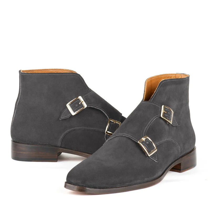 Luxury Suede Leather Double Buckle Ankle Boot Grey