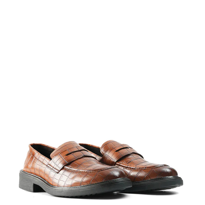 Premium Crocodile-Textured Leather Loafer Tan