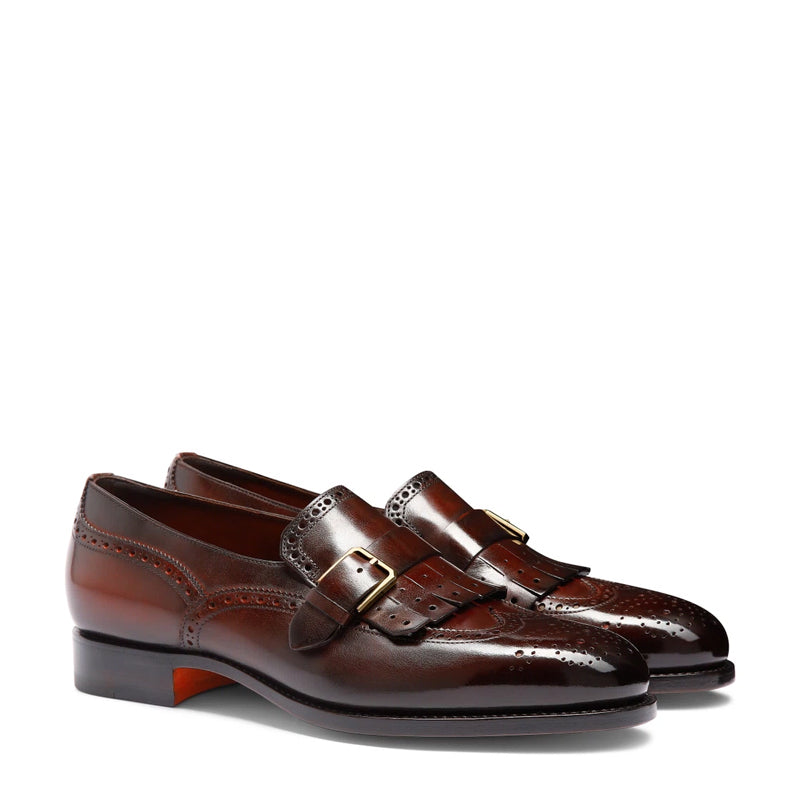 Handmade Leather Single Buckle Brown Loafer With Fringe