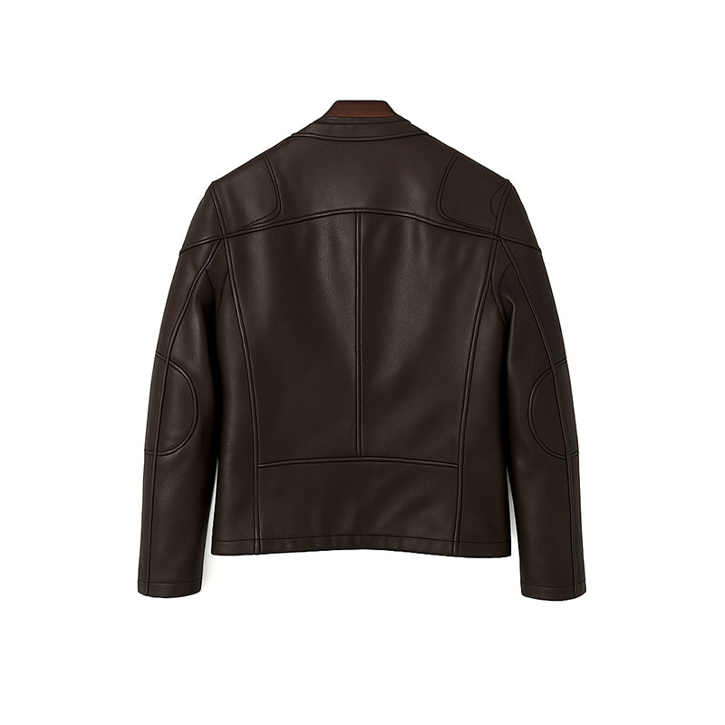 Men’s Zip-Up Vintage Tan Biker Jacket with Stand Collar & Pockets