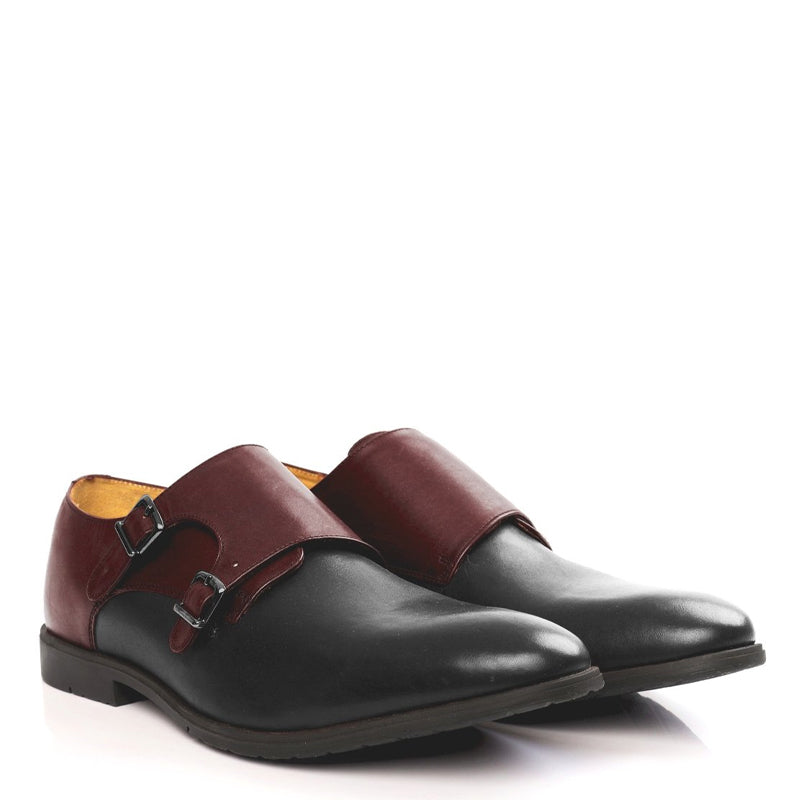 Leather Double Monk Strap Grey and Black Shoe For Men