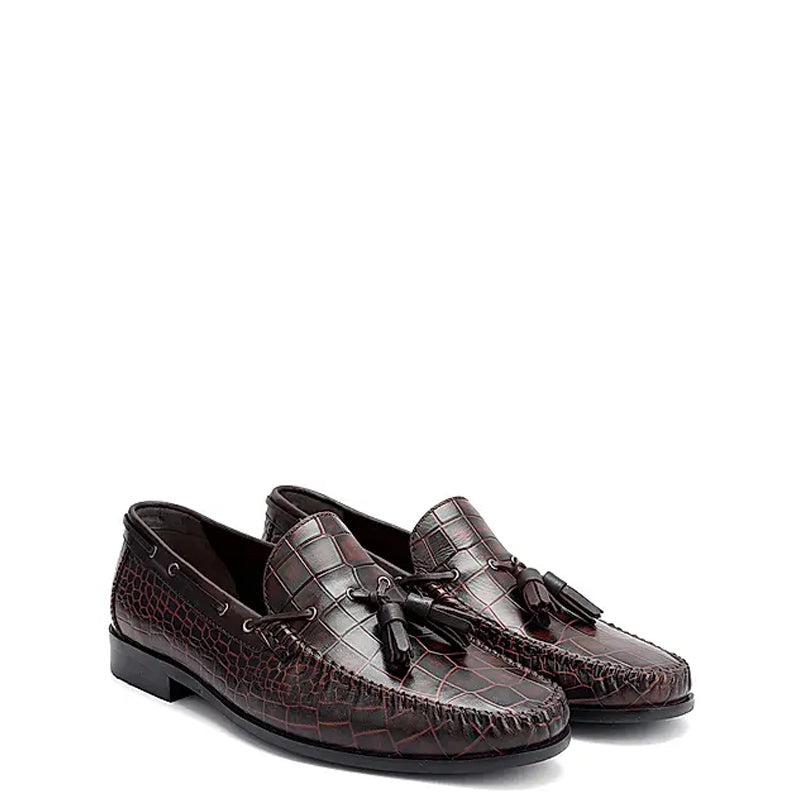 Crocodile Pattern Side Lacing Leather Tassel Loafer Black