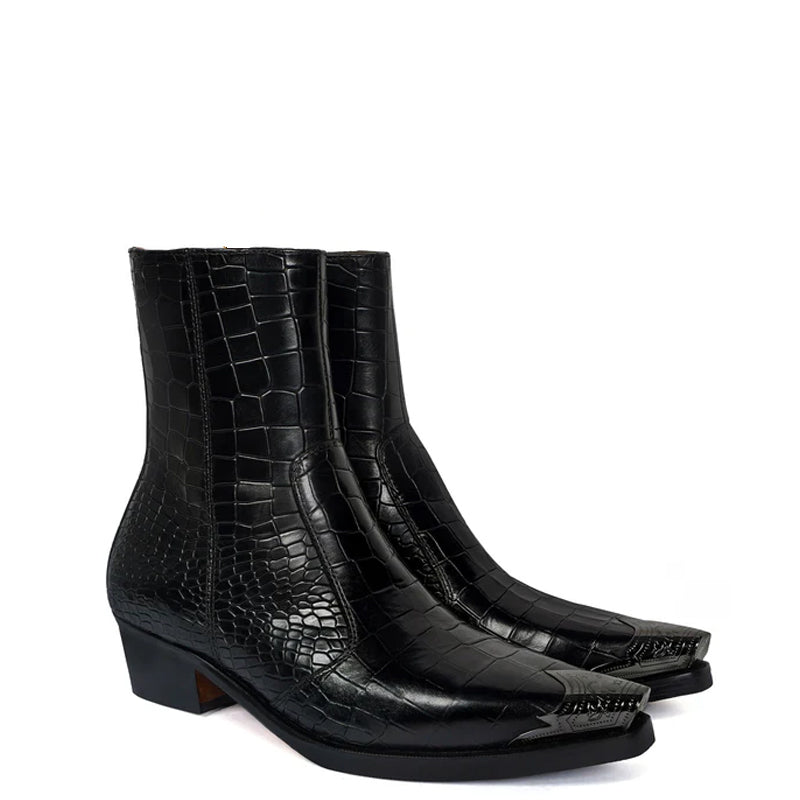 Luxury Croco Print Leather Side-Zipper Boot Green