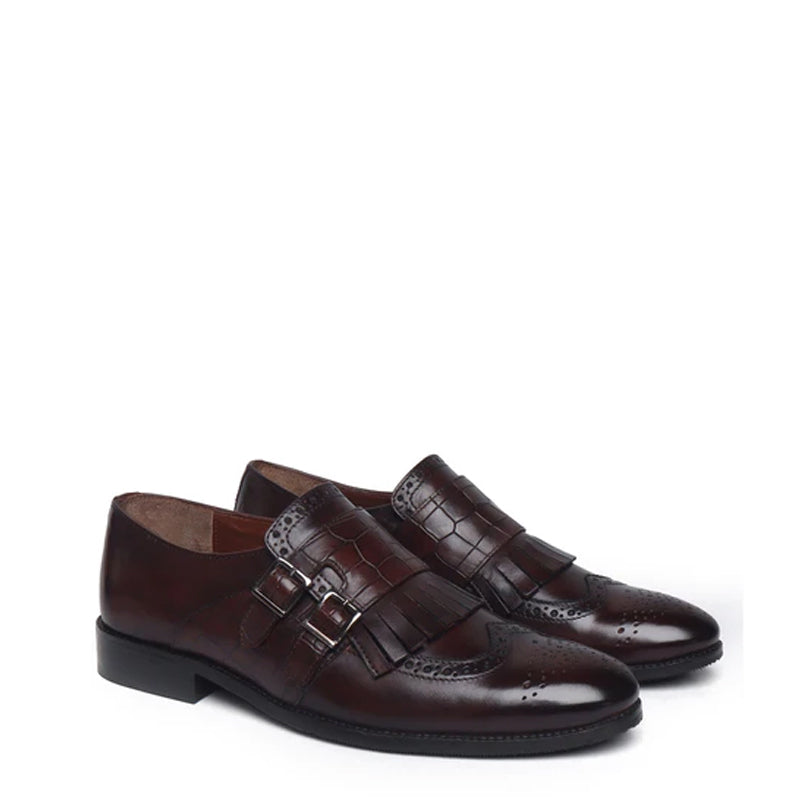 Croco Textured Double Monk Brown Shoe with Fringes