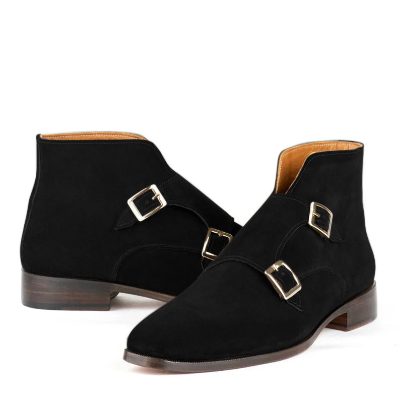 Classic Suede Leather Double Monkstraps Ankle Boot Black